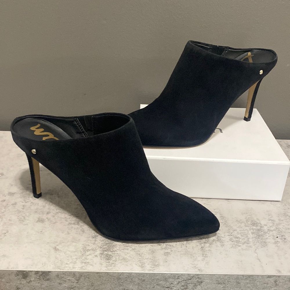 Sam Edelman Black Suede Pointed Mule Heels with Gold Accent